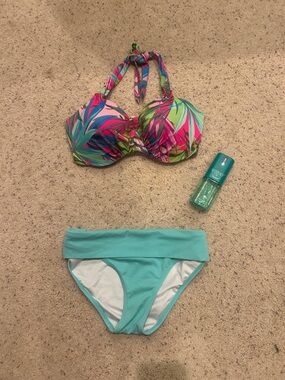 Victorias Secret Swim Tropical Print Halter Bikini with Aqua Fold-Over Bottom